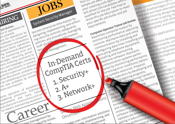The classifieds section of a newspaper showing the most in-demand CompTIA certifications