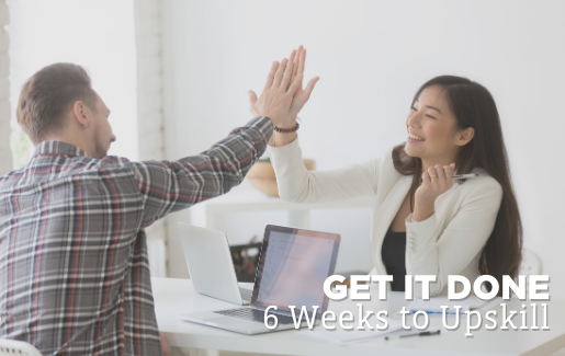 6 Weeks to Upskill A person flips blocks from 2019 to 2020