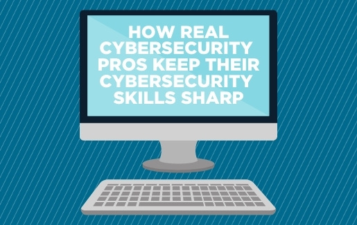 Blue background with a computer icon with text that says How Cybersecurity Pros Keep Their Cybersecurity Skills Sharp.