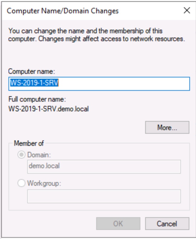 System Properties showing the option to make a computer a member of a domain or workgroup