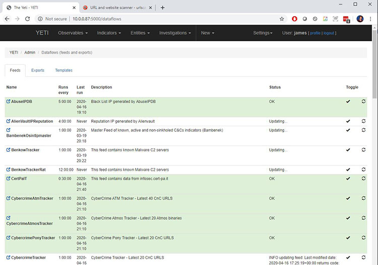 Viewing threat feed configurations in Yeti