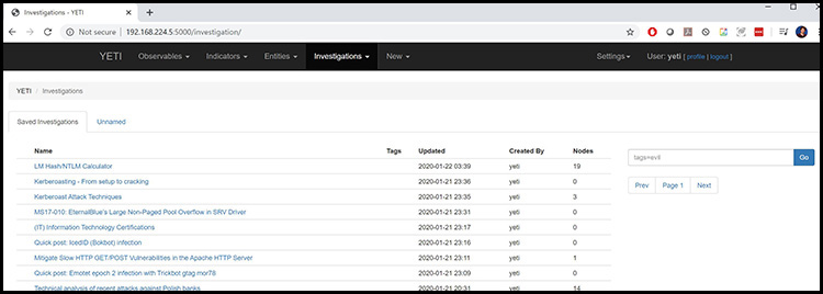 A screenshot of sample investigations in Yeti