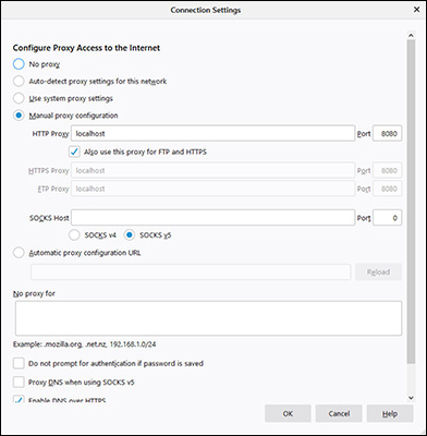 figure_5 Configuring a web browser (Firefox) to run through the OWASP Zap proxy on my computer Configuring a web browser (Firefox) to run through the OWASP Zap proxy on my computer