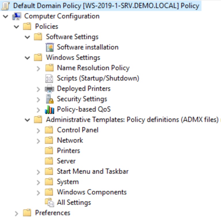 Group Policy console showing configuration management categories for computers