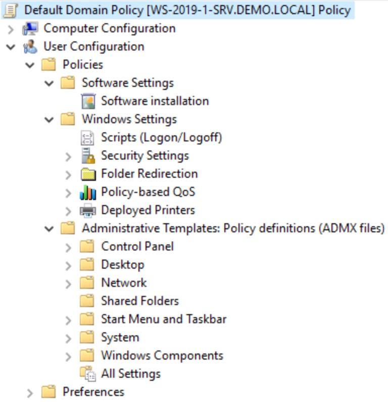 Group Policy console showing configuration management categories for users