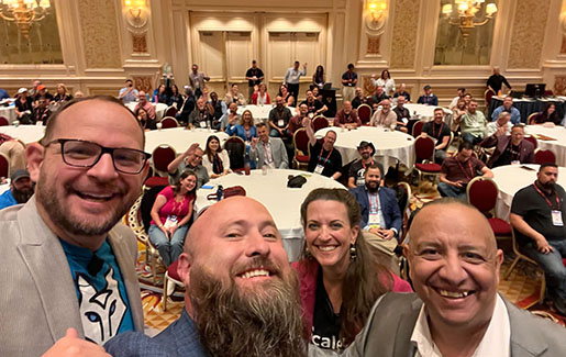 Wes Spencer, Matt Lee, Marnie Stockman and Juan Fernandez take a selfie with the audience at ChannelCon.