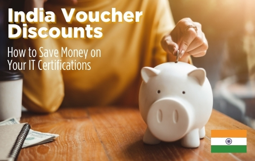 Woman putting money into piggy bank with text India Voucher Discounts How to Save Money