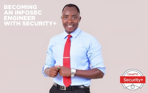 A photo of Jean-Pierre Nzabahimana with text that says becoming an infosec engineer with CompTIA Security+