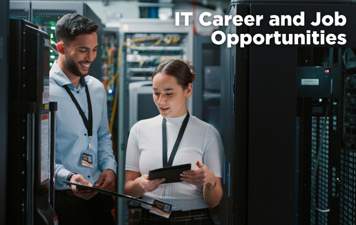 IT Career and Job Opportunities Two IT pro teammates working in a server room.