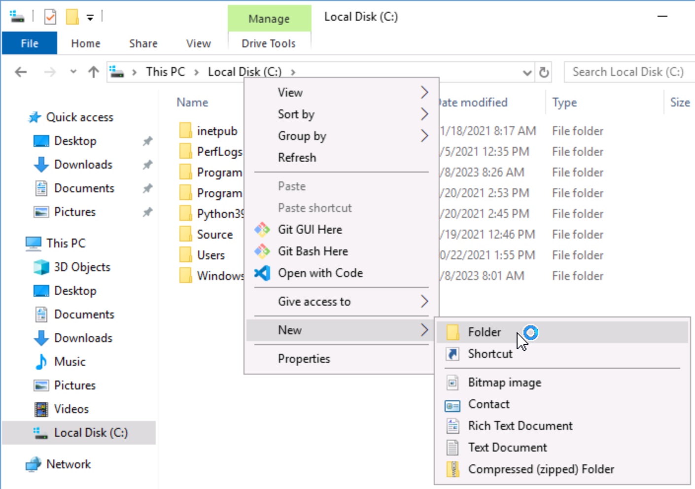 Screenshot of Windows File Explorer and the process for creating a new folder