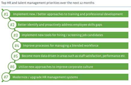 HR and talent priorities A graph of the top 7 HR priorities over the next 12 months