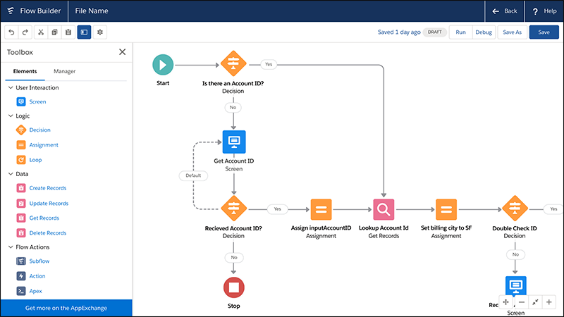 A screenshot of Salesforce's low-code development platform