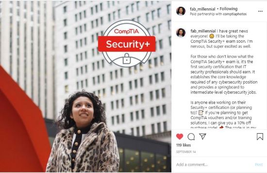 Gabby's instagram post about the comptia security+ exam.