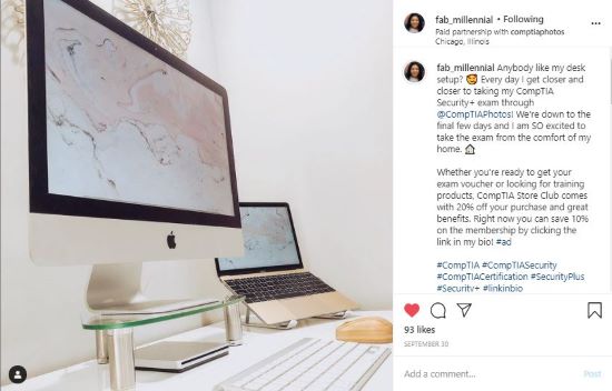 Gabby's instagram post of her desk setup at home.