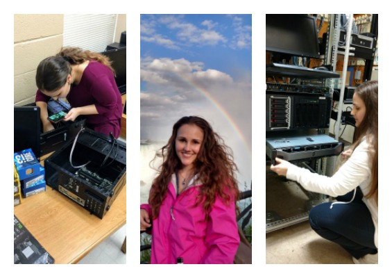 A collage of three pictures of Shana: two working on hardware and one standing in front of a rainbow