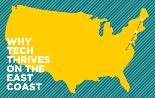 Tech Careers on the East Coast A map of the United States with a path highlighting the East Coast.