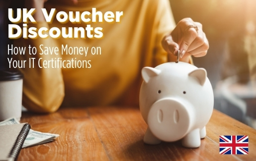 Woman putting money in a piggy bank with text UK voucher discounts