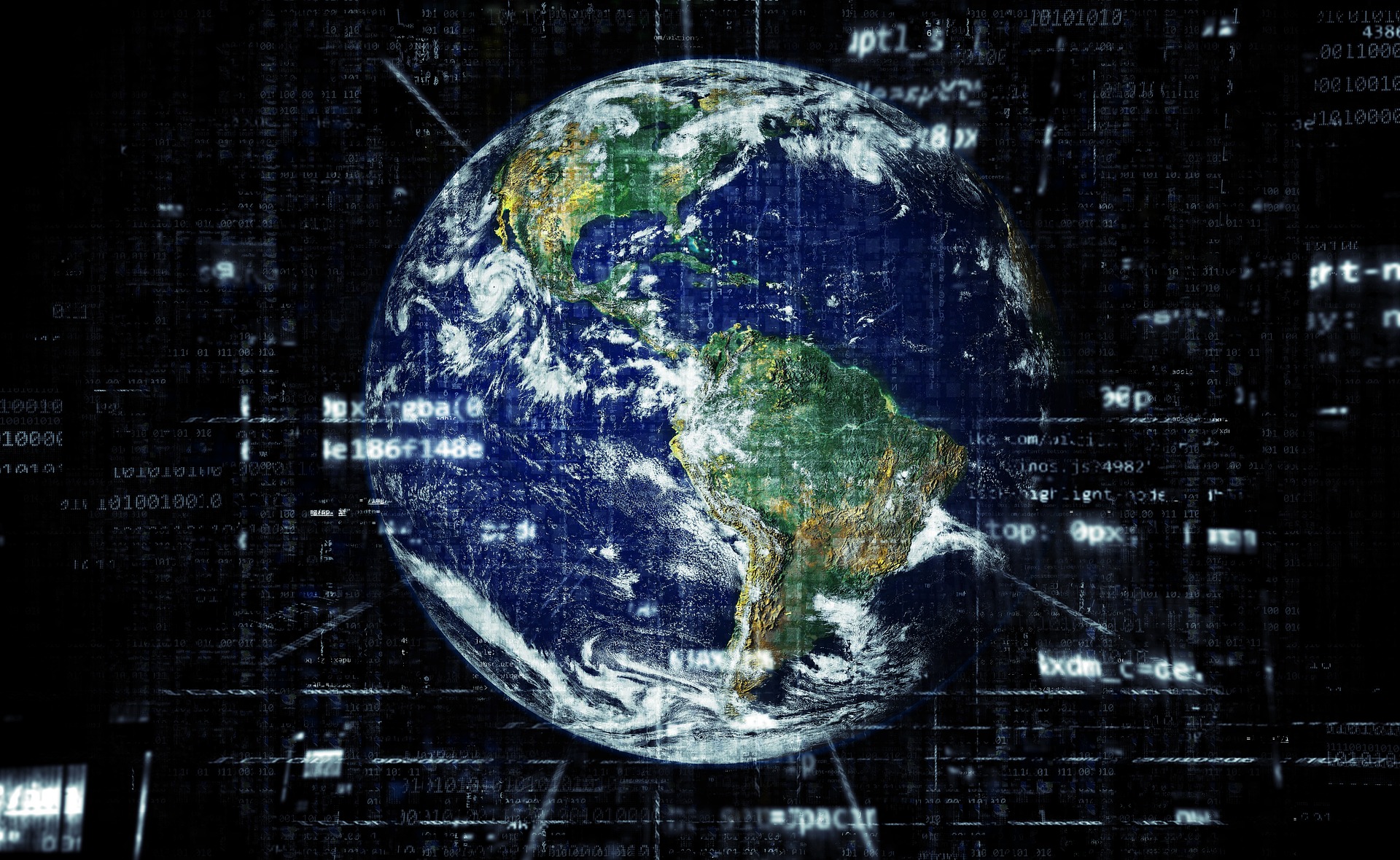 A concept photo of the Earth as a globe, surrounded by binary code and figures, representing telecommunications and electronic networking across the globe.