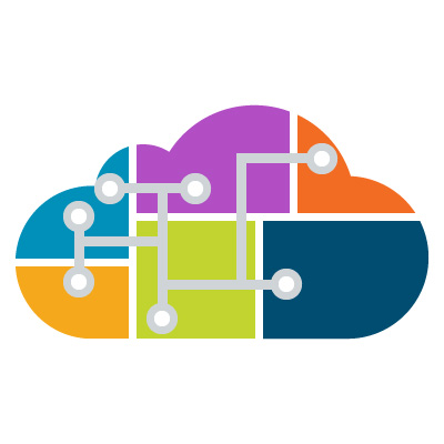 An illustration of a multi-colored cloud segmented into parts with circuits connecting them, like a network