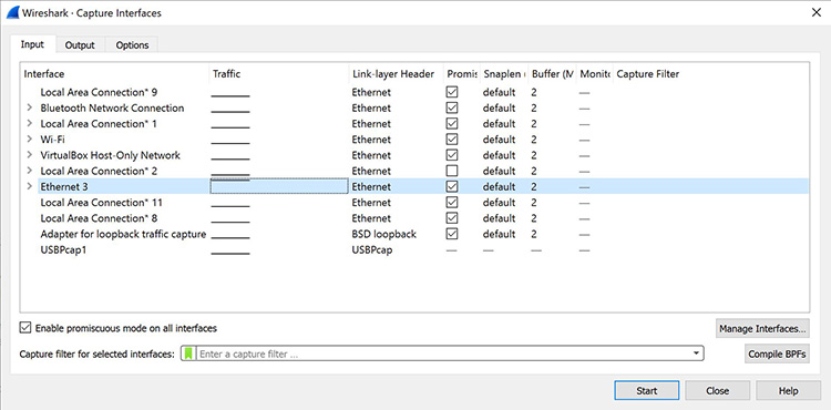 Una captura de pantalla que muestra el diálogo de interfaces de captura en Wireshark