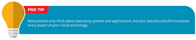 Pro Tip: Many people only think about operating systems and applications, but your patches should encompass every aspect of your cloud technology.