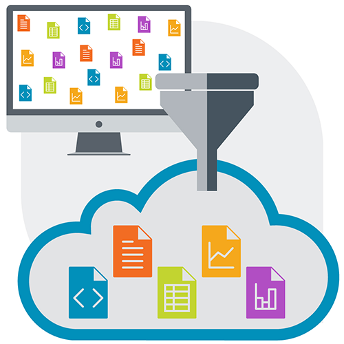 An illustration of local files being funneled to cloud storage with data deduplication.