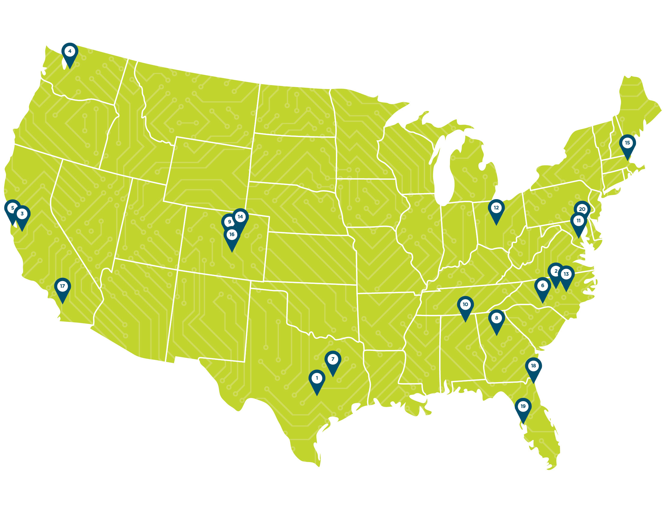 Tech Town 2019 map of the united states cities