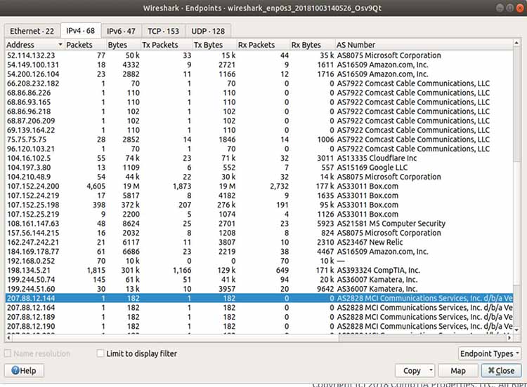 A screenshot showing endpoint conversations in Wireshark.