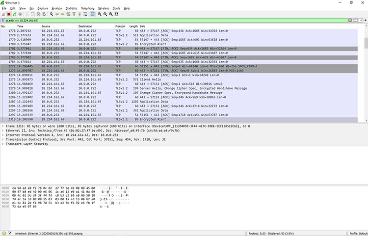Una captura de pantalla que muestra un filtro aplicado a una captura en Wireshark
