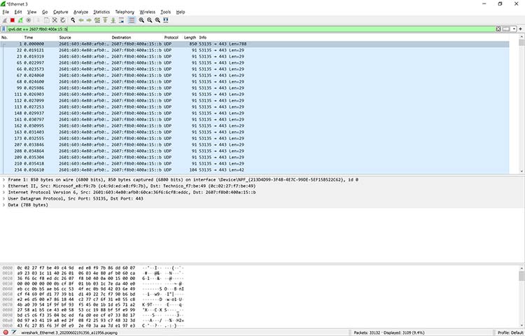 Una captura de pantalla que muestra un filtro IPv6 en Wireshark