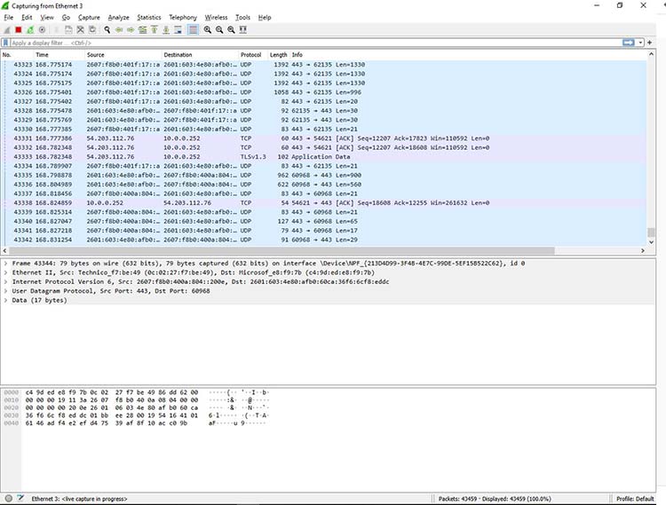 Una captura de pantalla que muestra una captura de paquetes en Wireshark